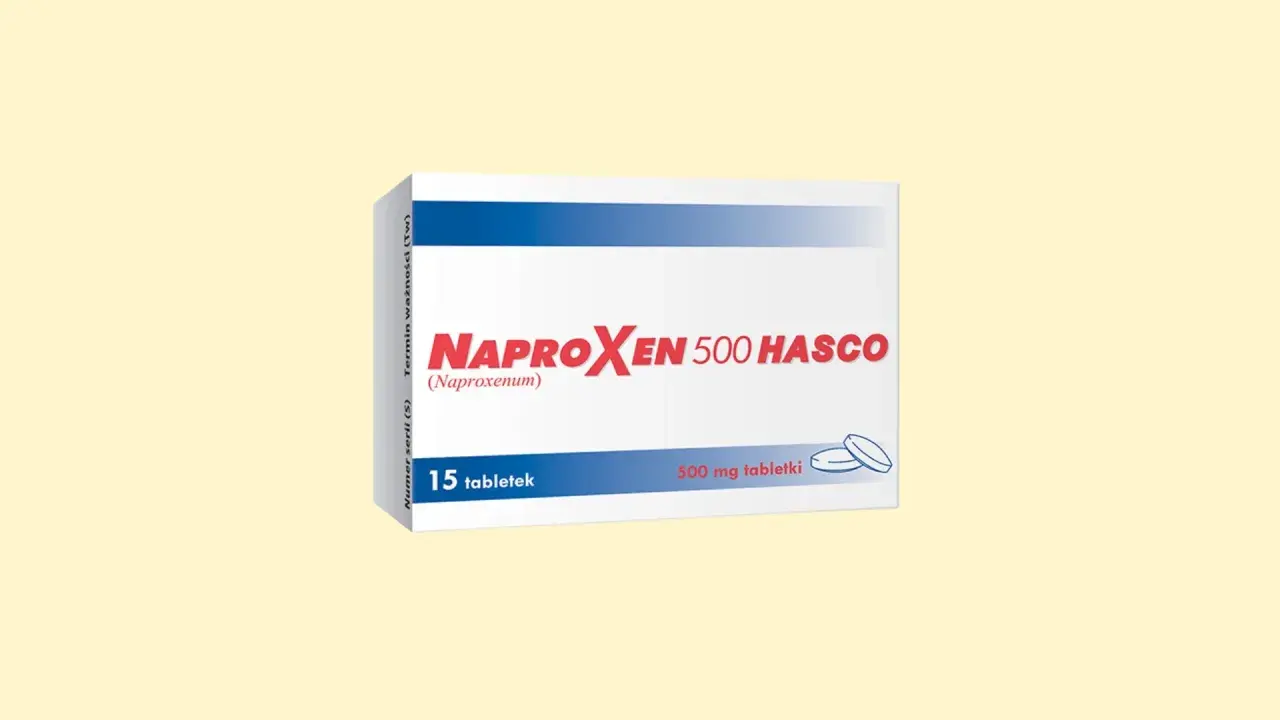 Opakowanie leku Naproxen 500 Hasco, zawierające 15 tabletek po 500 mg.