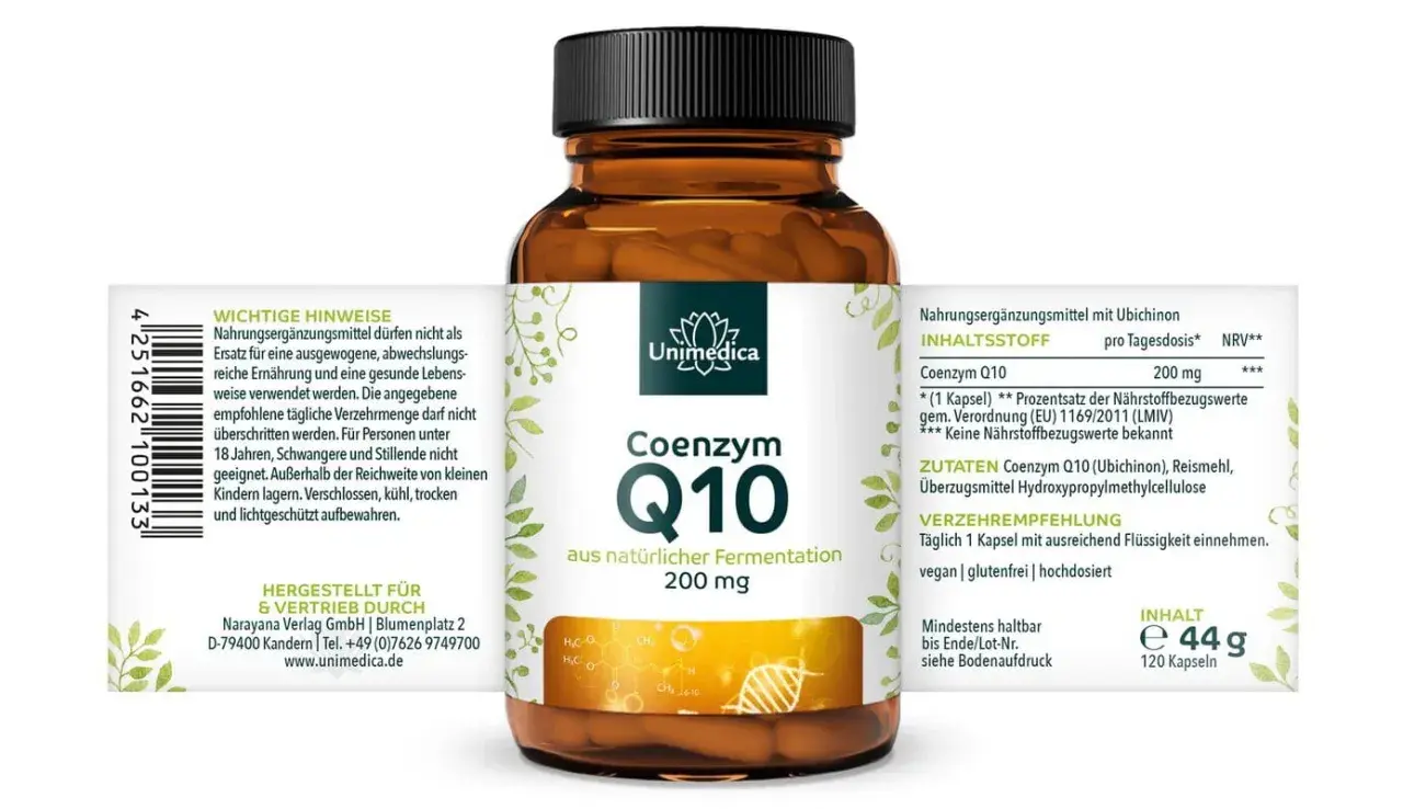 Flasche mit Unimedica Coenzym Q10 Kapseln, 200 mg, aus natürlicher Fermentation. Ein wichtiges Lebensmittel für die Energieproduktion.