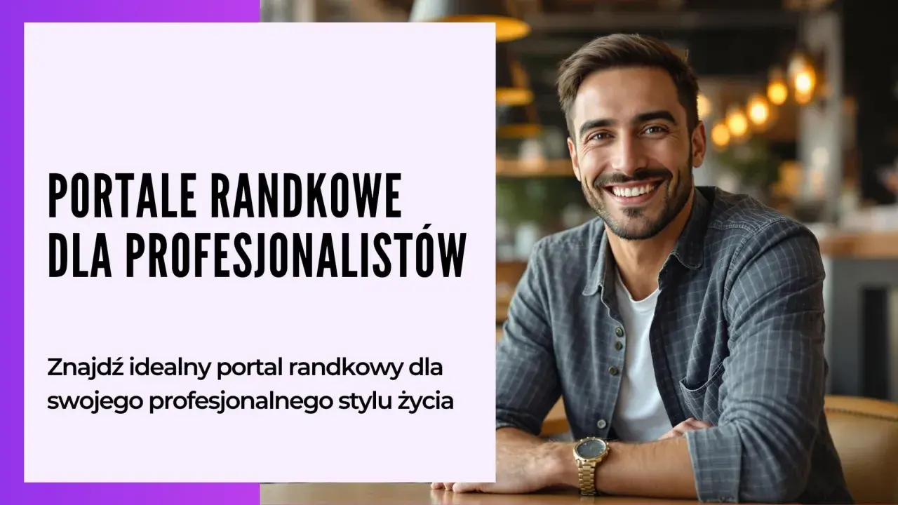 Uśmiechnięty mężczyzna na tle napisów "Portale randkowe dla profesjonalistów". Znajdź najlepsze aplikacje randkowe dla swojego stylu życia.