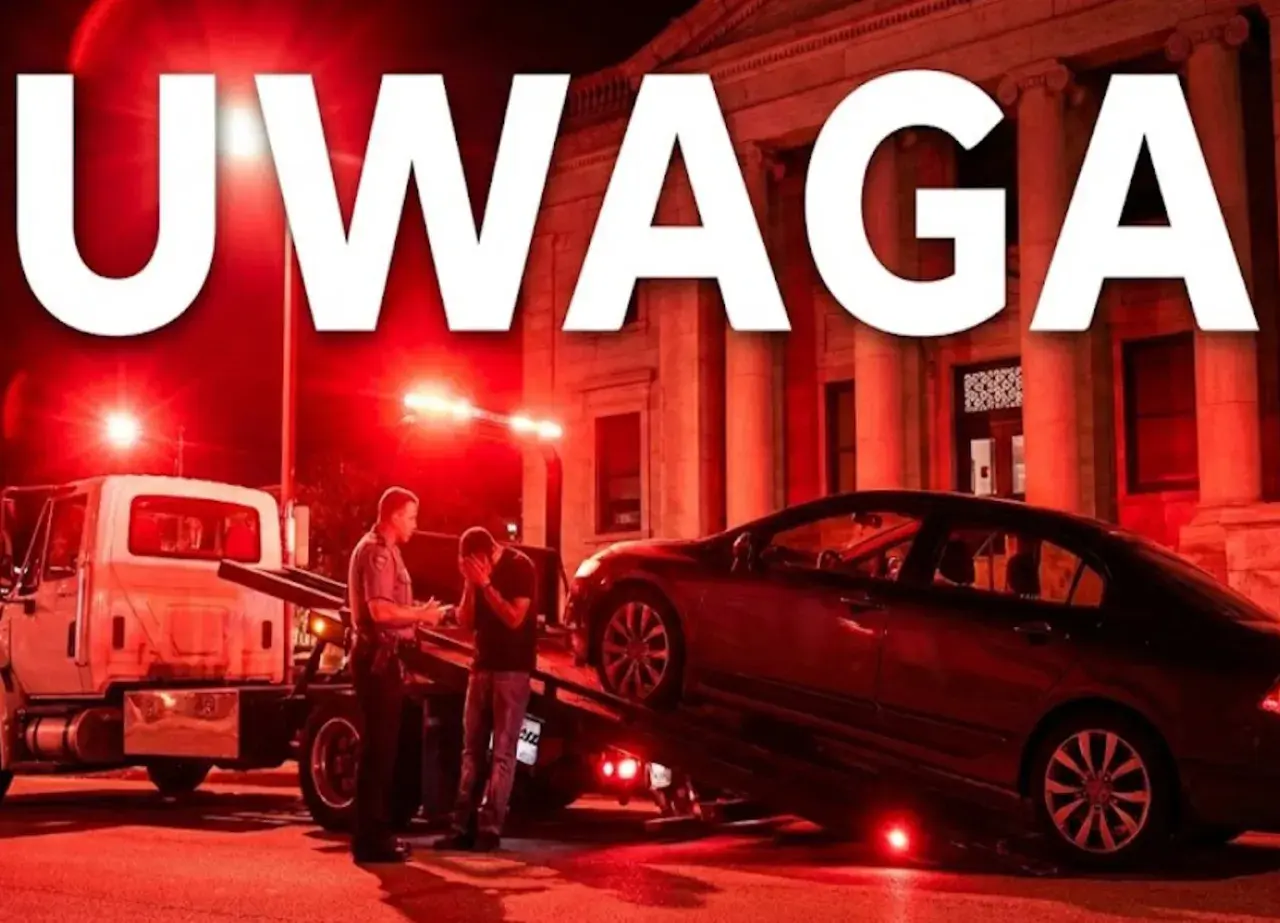 Policjant rozmawia ze zrozpaczonym kierowcą, gdy jego samochód jest ładowany na lawetę. Konfiskata samochodu w nocy, oświetlona czerwonymi światłami.
