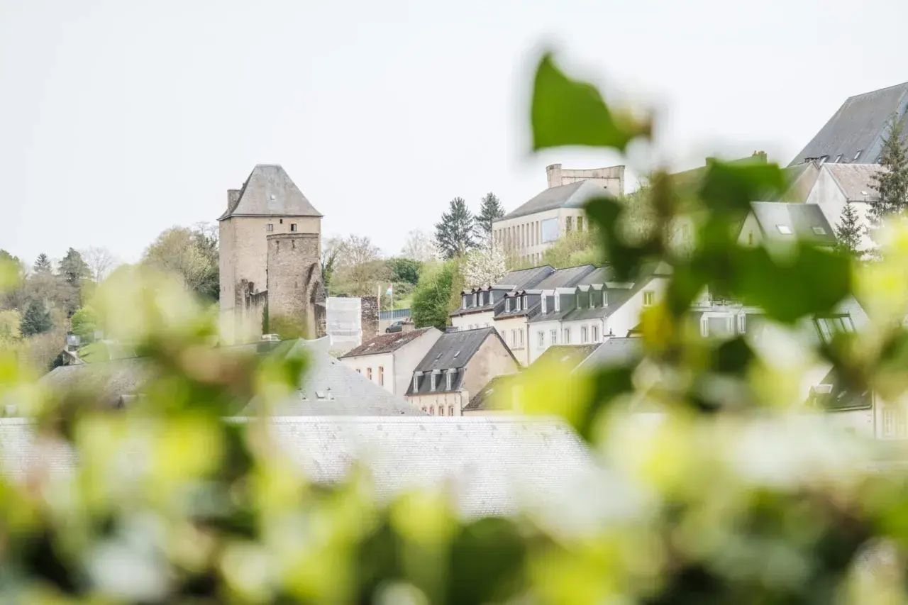 Ein Tag in Luxemburg: Blick auf eine mittelalterliche Burg und malerische Häuser, umrahmt von grünem Laub.