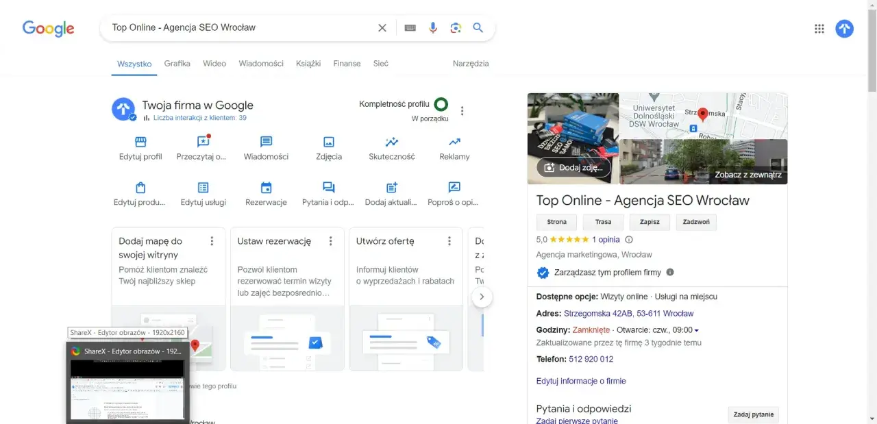 Wyniki wyszukiwania Google dla "Top Online - Agencja SEO Wrocław". Widoczny panel zarządzania firmą, opcje edycji profilu, dodawania ofert i zarządzania rezerwacjami.