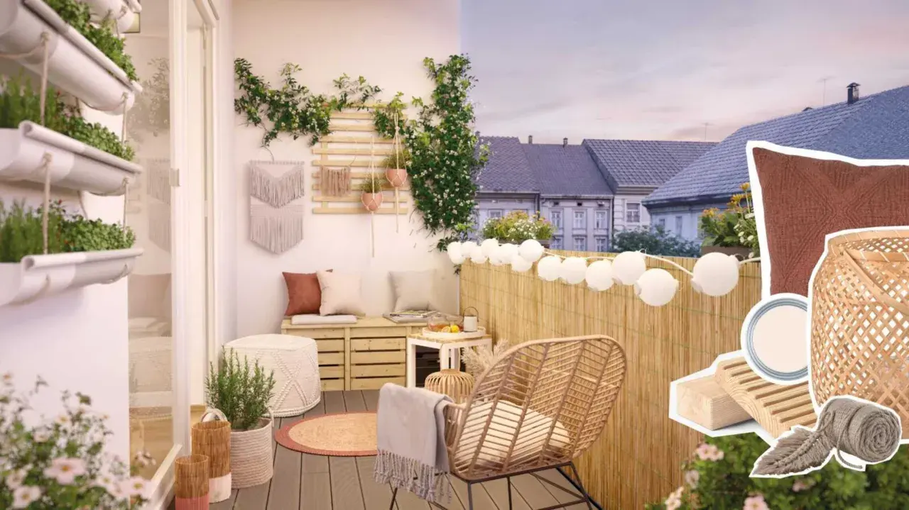 Gemütliche boho balkon ideen mit Pflanzen, Makramee und Rattanmöbeln. Ein entspannter Rückzugsort im Freien.