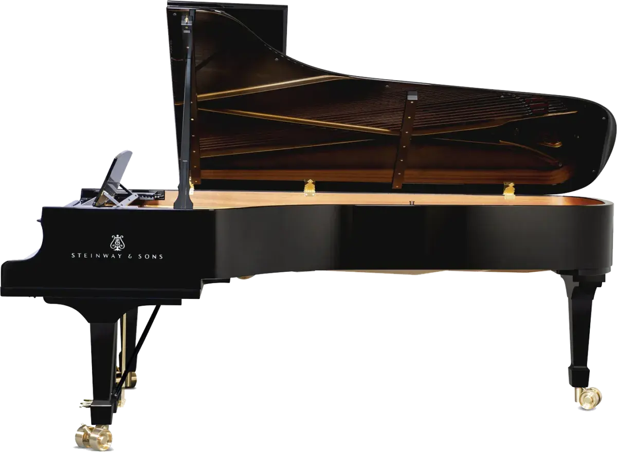 Czarny fortepian Steinway & Sons z otwartą klapą, ukazującą struny i drewniane wnętrze. Zastanawiasz się, ile kosztuje fortepian Steinway?