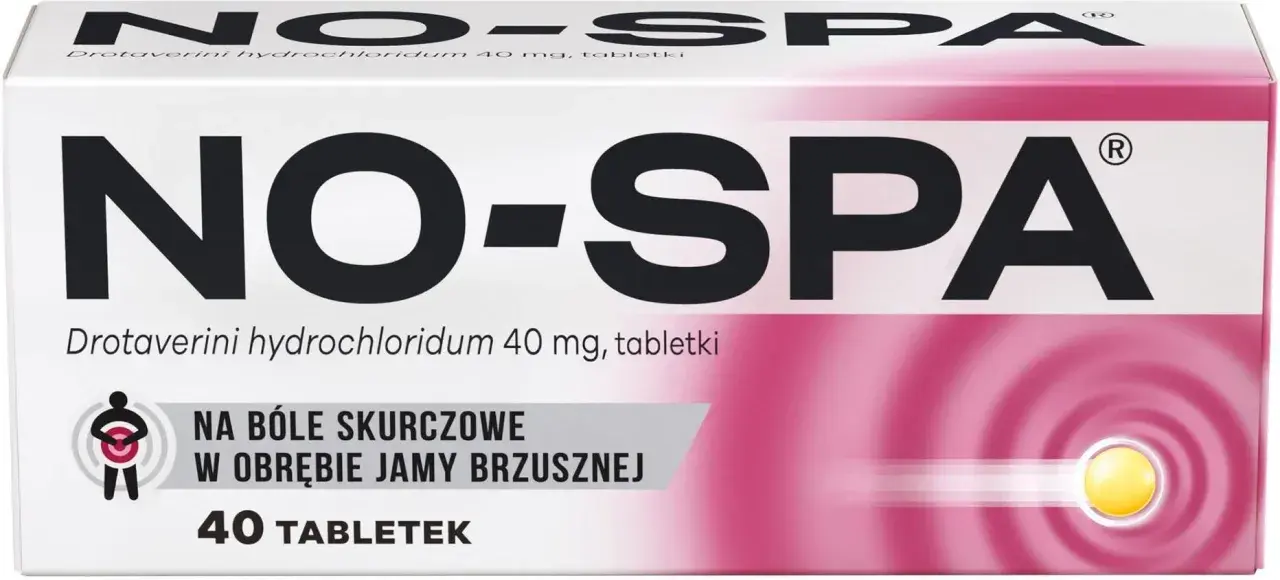 Opakowanie leku NO-SPA z drotaweryną na bóle skurczowe brzucha. 40 tabletek.