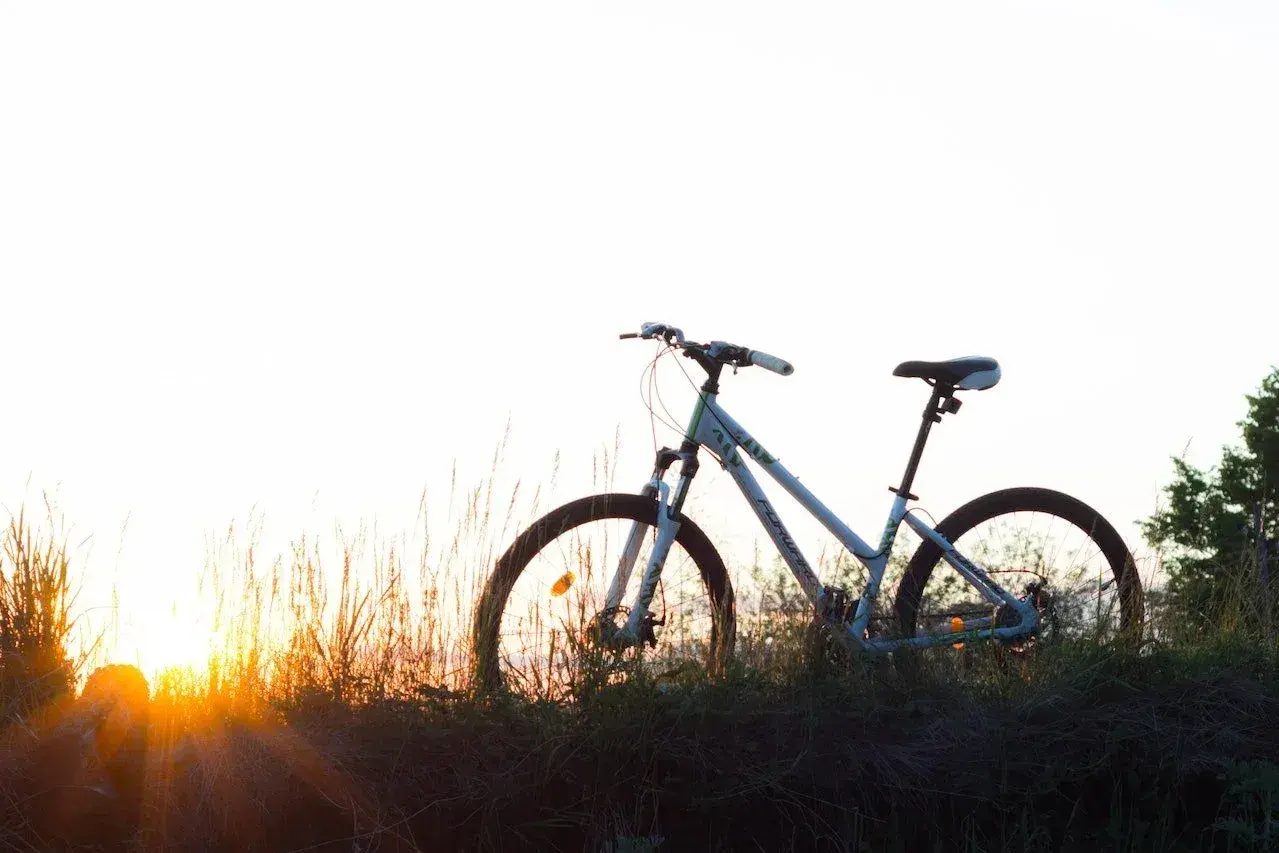 Bicicleta blanca en un prado al atardecer, lista para una aventura de cantabria en bici.