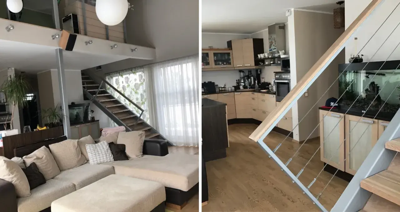 kleines wohnzimmer vorher-nachher: gemütliche Couch, Treppe, Aquarium und Küche.