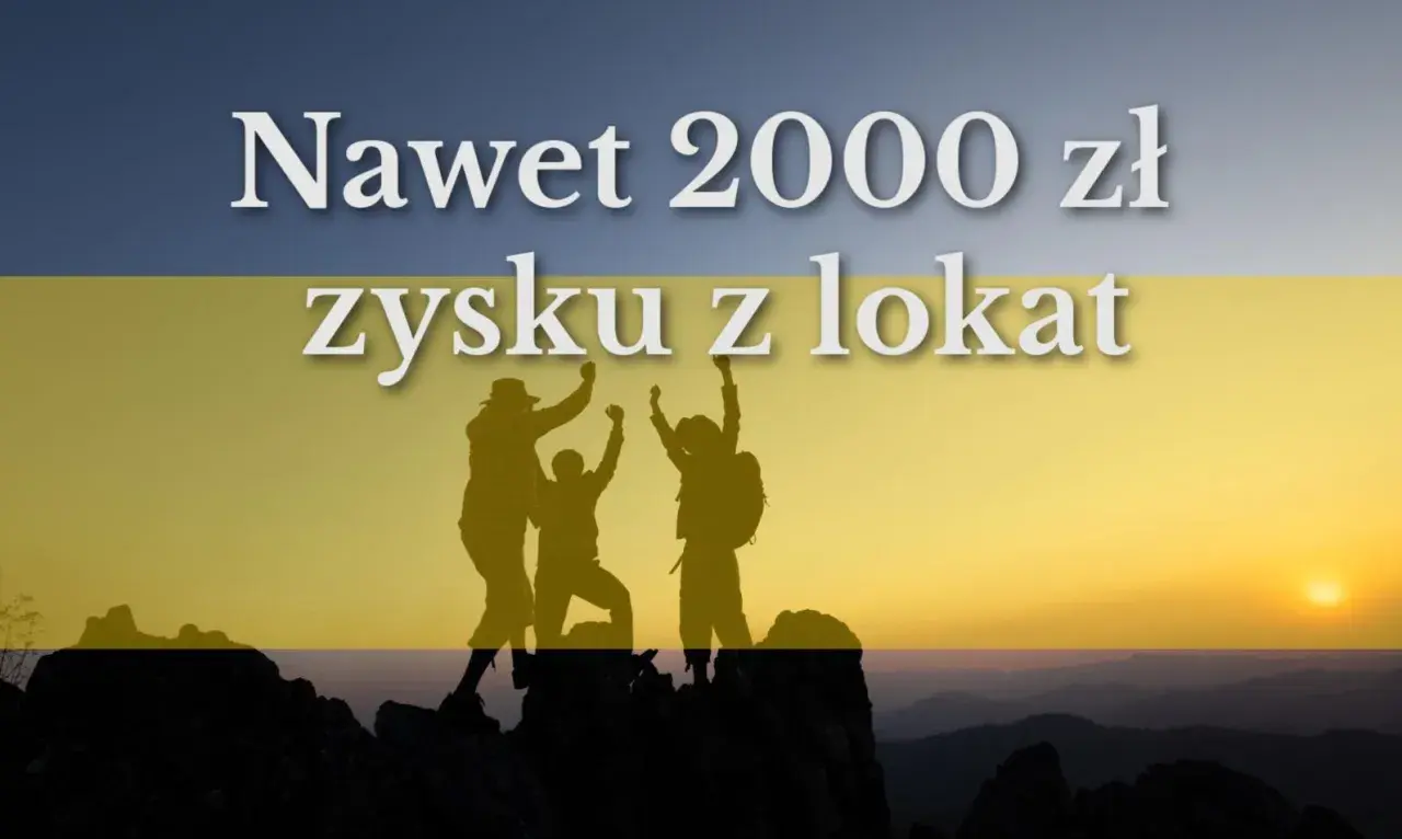 Trzy osoby świętują na szczycie góry, ciesząc się zyskiem z lokat. Czy to inbank co to za bank?