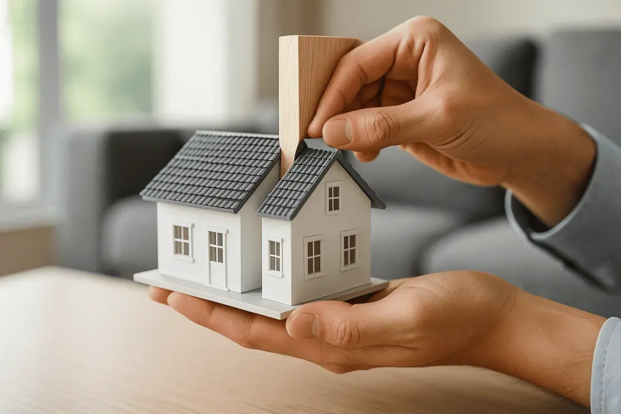 Mani che dividono una casa modello, simboleggiando il frazionamento unità immobiliare.