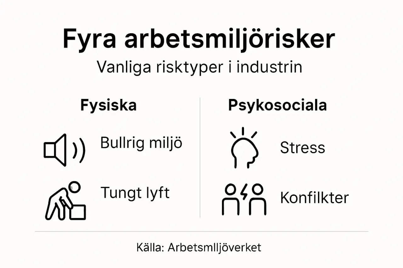 Fyra arbetsmiljörisker: bullrig miljö, tungt lyft, stress och konflikter. Ett mto perspektiv på vanliga risker i industrin.