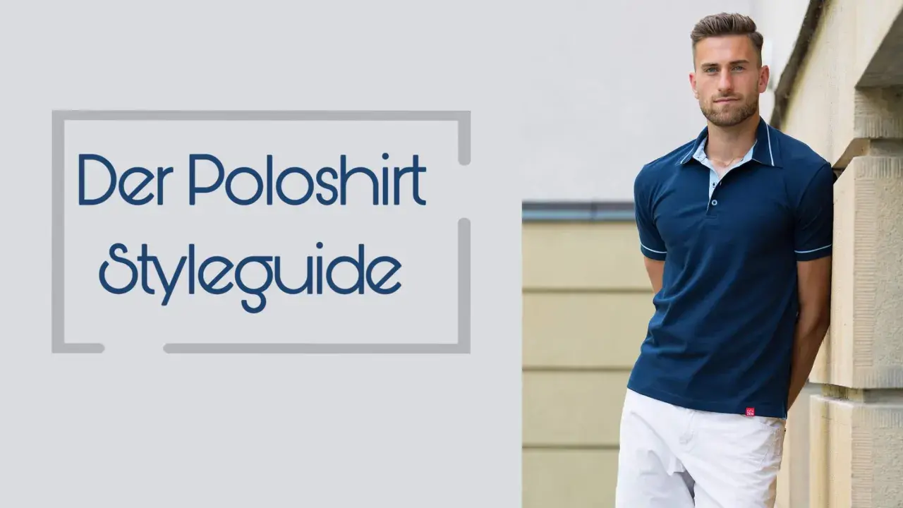 Ein Mann in einem dunkelblauen Poloshirt aus Frottee lehnt an einer Wand. Der Text "Der Poloshirt Styleguide" ist links zu sehen.