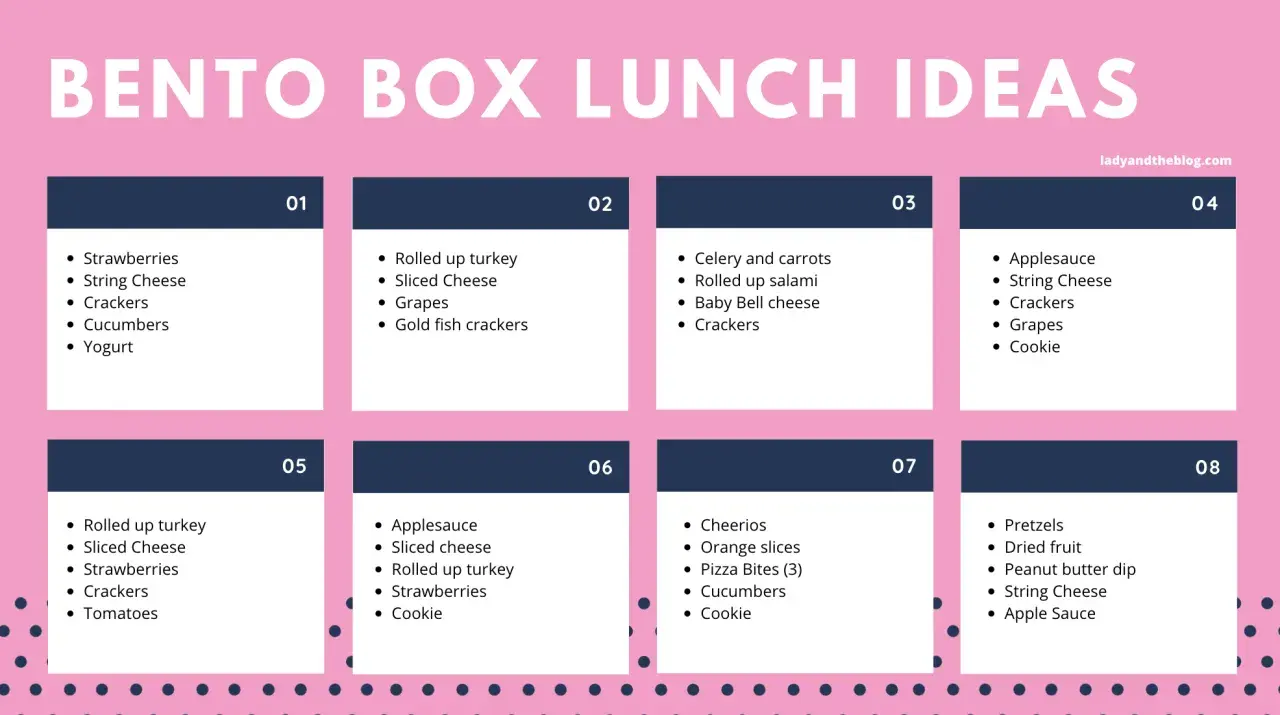 Eight bento box template ideas with food suggestions like strawberries, cheese, crackers, and yogurt.