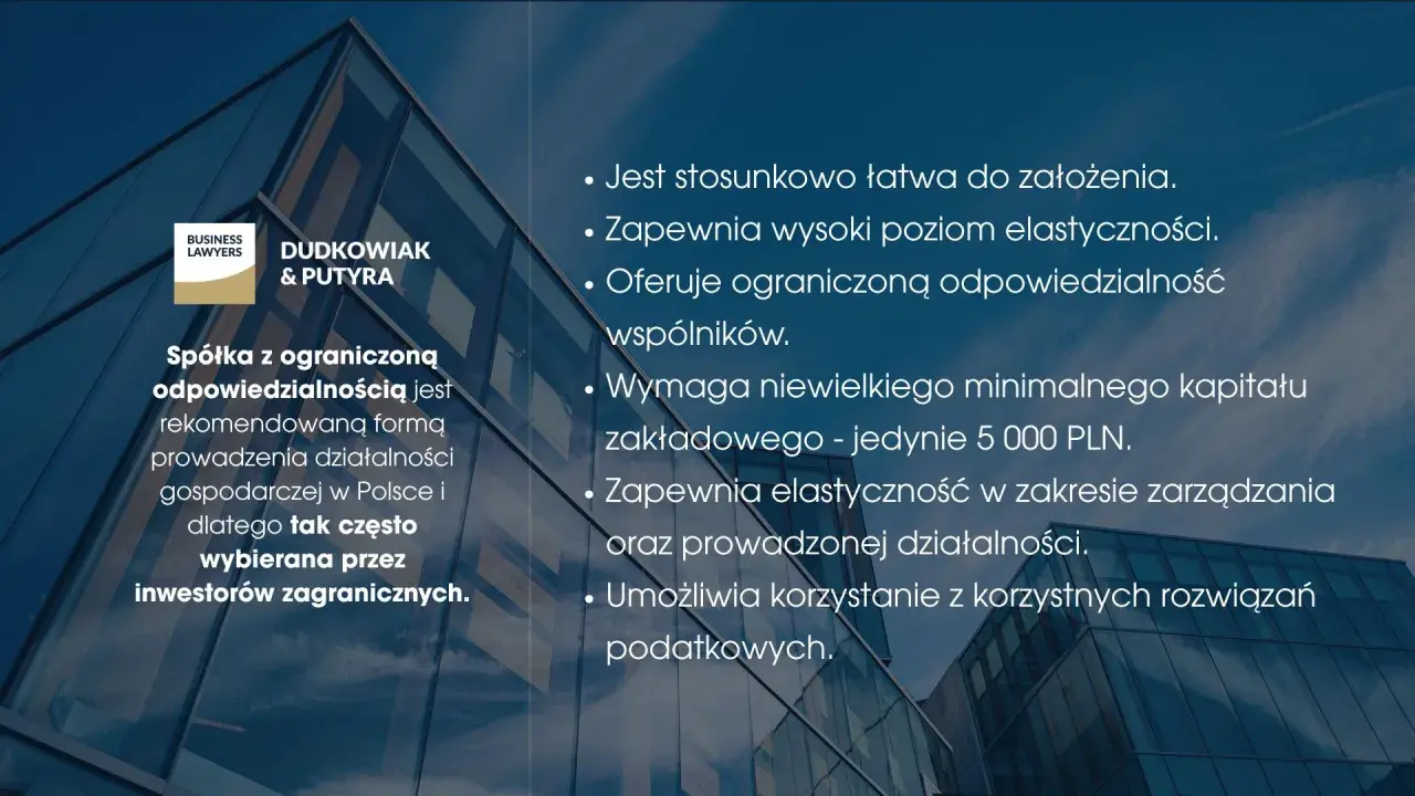 Spółka z ograniczoną odpowiedzialnością: łatwa forma, elastyczność, ograniczona odpowiedzialność wspólników, niski kapitał, korzystne rozwiązania podatkowe.