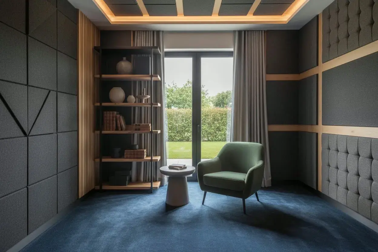 Pannelli fonoassorbenti su pareti e soffitto, poltrona verde, libreria e tappeto blu creano un ambiente ideale per capire come insonorizzare una stanza.
