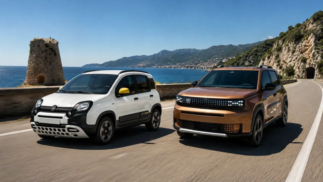 Due Fiat Panda 2026, una bianca e una color rame, sfrecciano su una strada costiera panoramica con il mare e le montagne sullo sfondo.