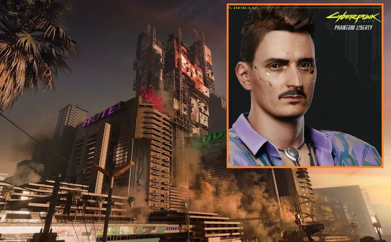Dawid Podsiadło w stylu cyberpunk, na tle futurystycznego miasta z neonowym hotelem.