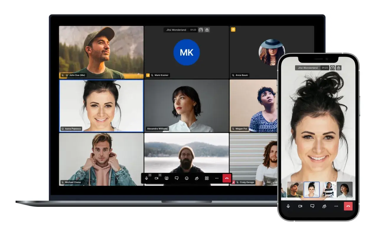 Jitsi Meet cos'è? Una videochiamata di gruppo su laptop e smartphone, con partecipanti da tutto il mondo.