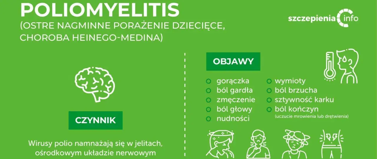 Objawy polio: gorączka, ból gardła, zmęczenie, nudności, wymioty, ból brzucha, sztywność karku, ból kończyn. Wirus polio atakuje układ nerwowy.