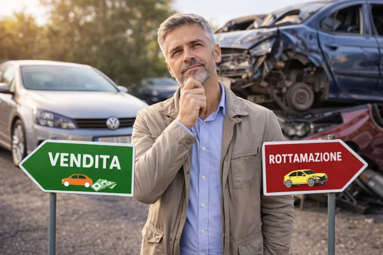 Uomo pensieroso davanti a segnali di "Vendita" e "Rottamazione", con auto rottamate sullo sfondo. Valuta se rivendere auto acquistata con incentivi.