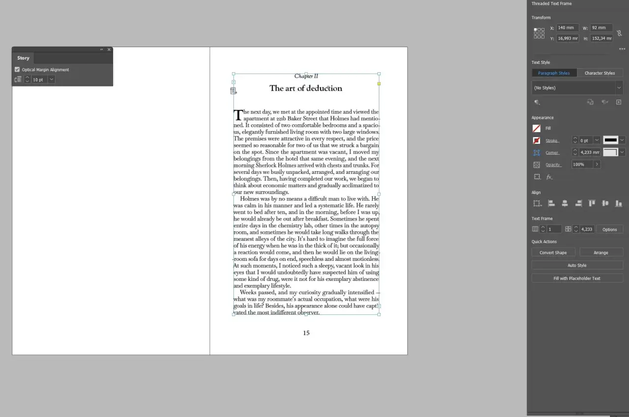 Profesjonalni autorzy używają tabel do balansowania punktów widzenia (POV), by zachować spójność narracji. Widzimy tu fragment tekstu z panelu "Story" w programie do składu tekstu.