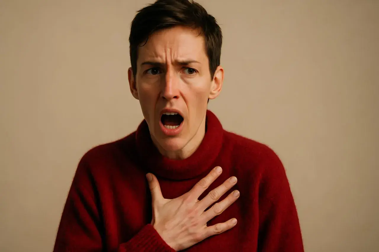 Una persona con un maglione rosso urla, con la mano sul petto, come se avesse problemi respiratori o fosse in preda al panico.