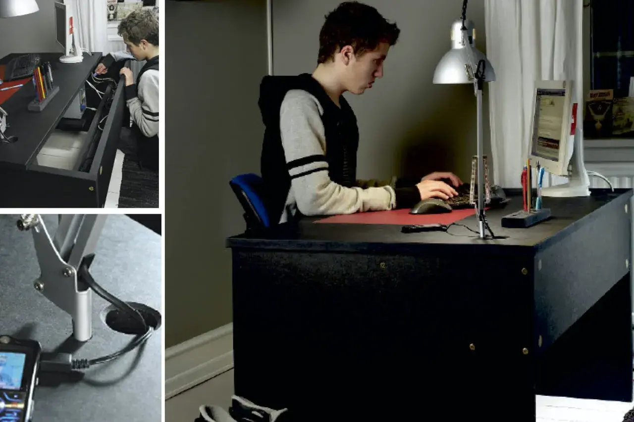 Ung kille bygger eget skrivbord med smart kabelhantering. Praktiskt och snyggt!