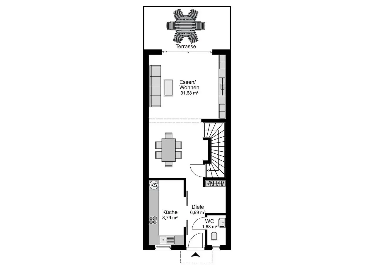 Grundriss eines schmalen Doppelhauses (6m breit) mit Küche, Diele, WC, Ess-/Wohnbereich und Terrasse.