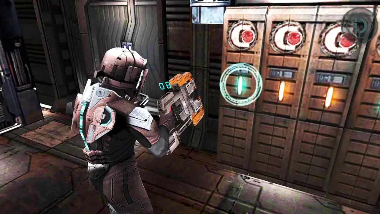 Gracz w skafandrze z bronią w ręku, w mrocznym korytarzu statku kosmicznego. Widok z gry dead space mobile.