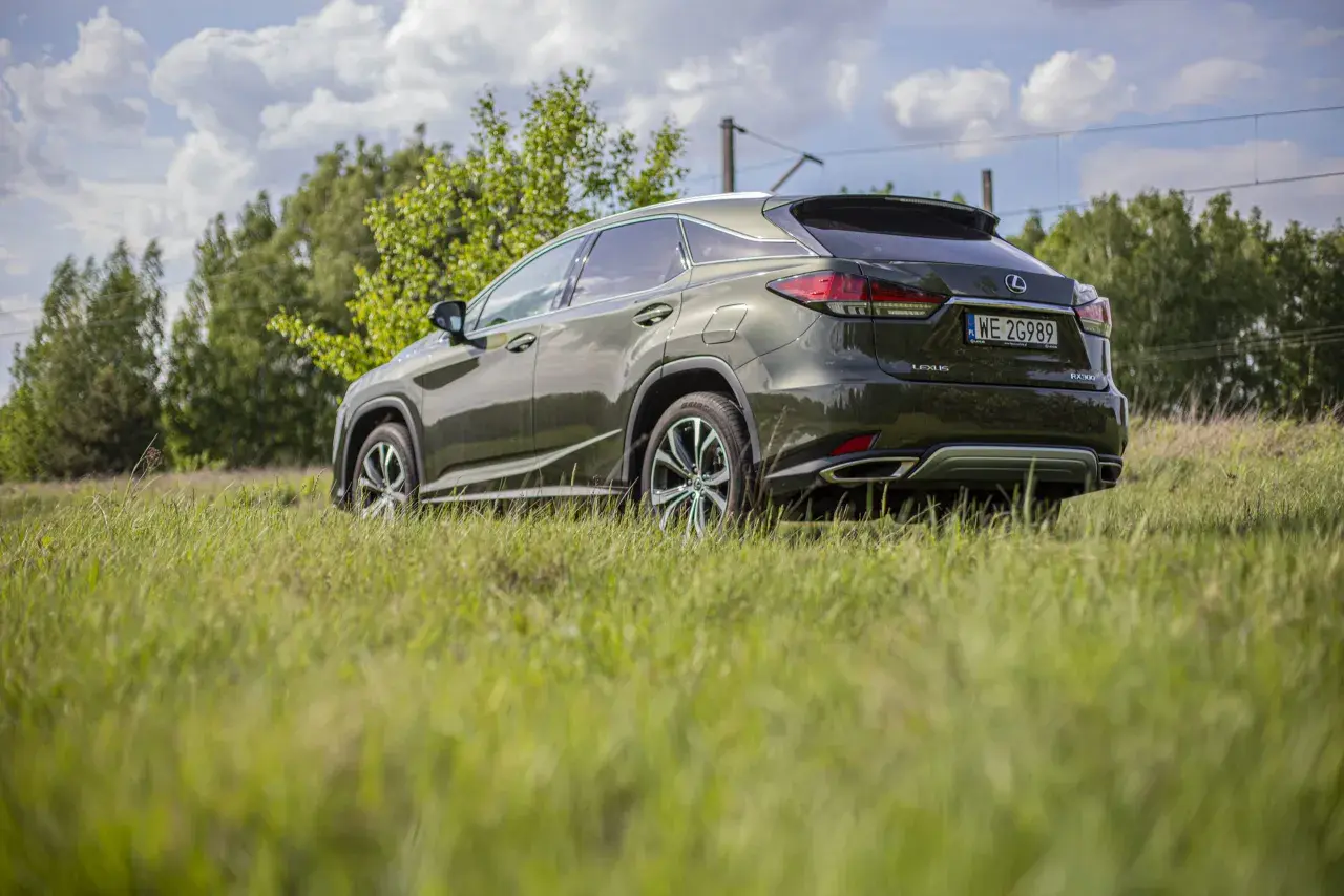 Ciemnozielony Lexus RX 300 stoi na trawiastym polu, z drzewami i niebem w tle.