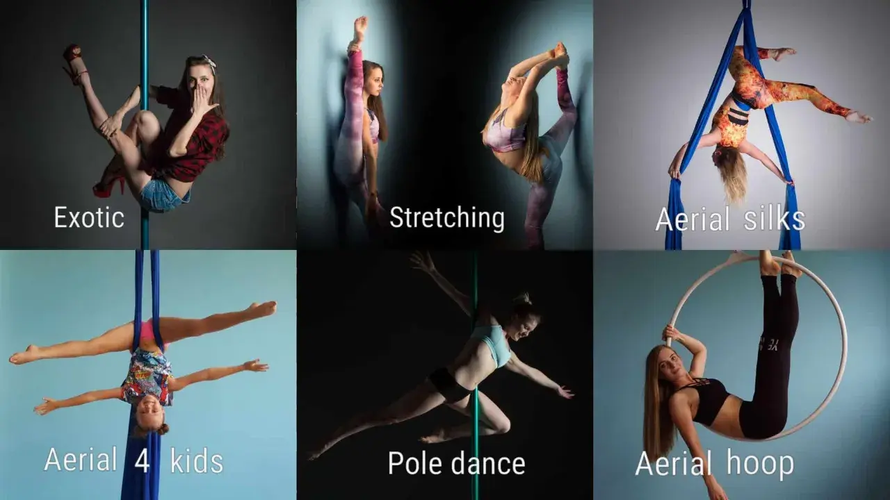 Kobiety wykonujące różne figury gimnastyczne: exotic pole, stretching, aerial silks, aerial 4 kids, pole dance, aerial hoop.