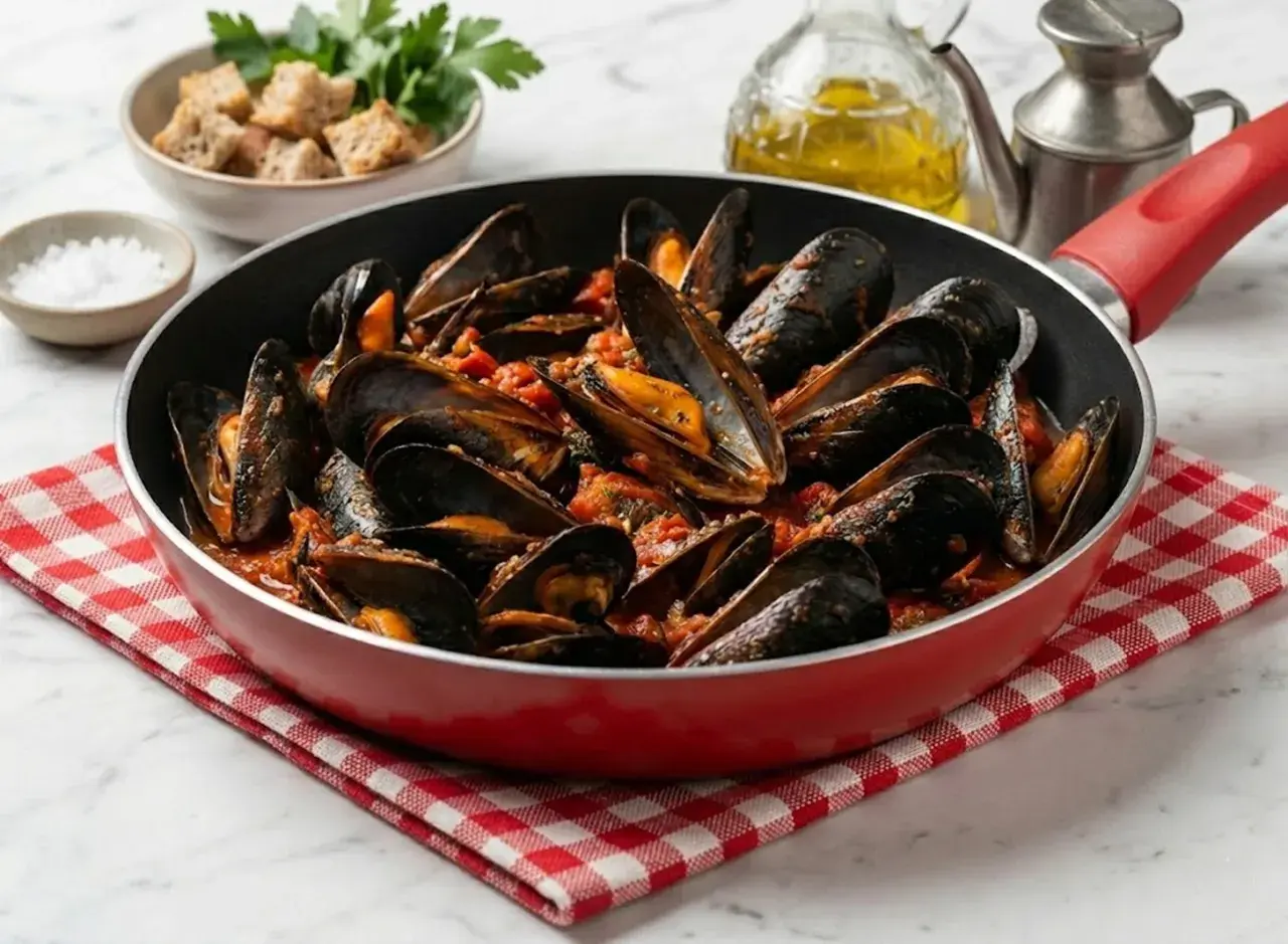 Herzhafte Muscheln in Tomatensauce, serviert in einer roten Pfanne auf kariertem Tuch. Daneben Croutons, Salz und Olivenöl.