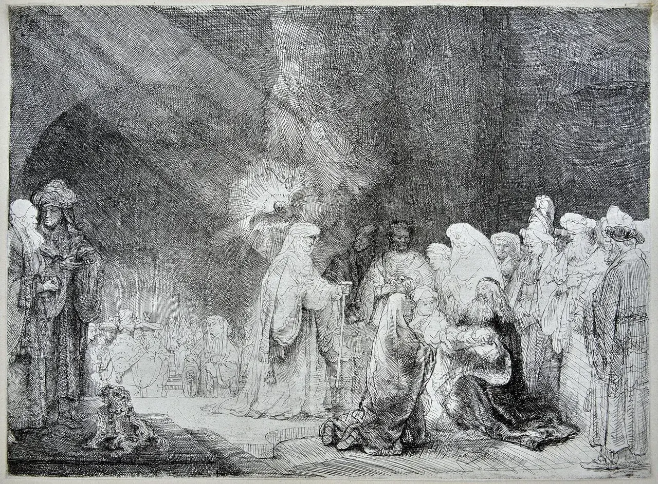 Rembrandt Zeichnungen: Eine Szene mit vielen Figuren, die sich um eine kniende Frau und ein Kind versammeln. Ein Lichtstrahl fällt von oben herab.