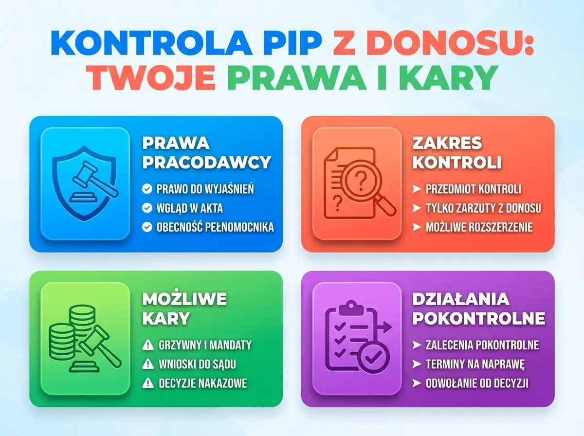 Kontrola PIP z donosu: prawa pracodawcy, zakres kontroli, możliwe kary i działania pokontrolne. Informacje o kontroli PIP z donosu.