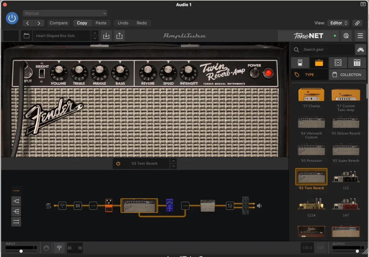Wybór wzmacniacza '65 Twin Reverb w aplikacji Amplitube. Widać też ścieżkę sygnału z efektami.