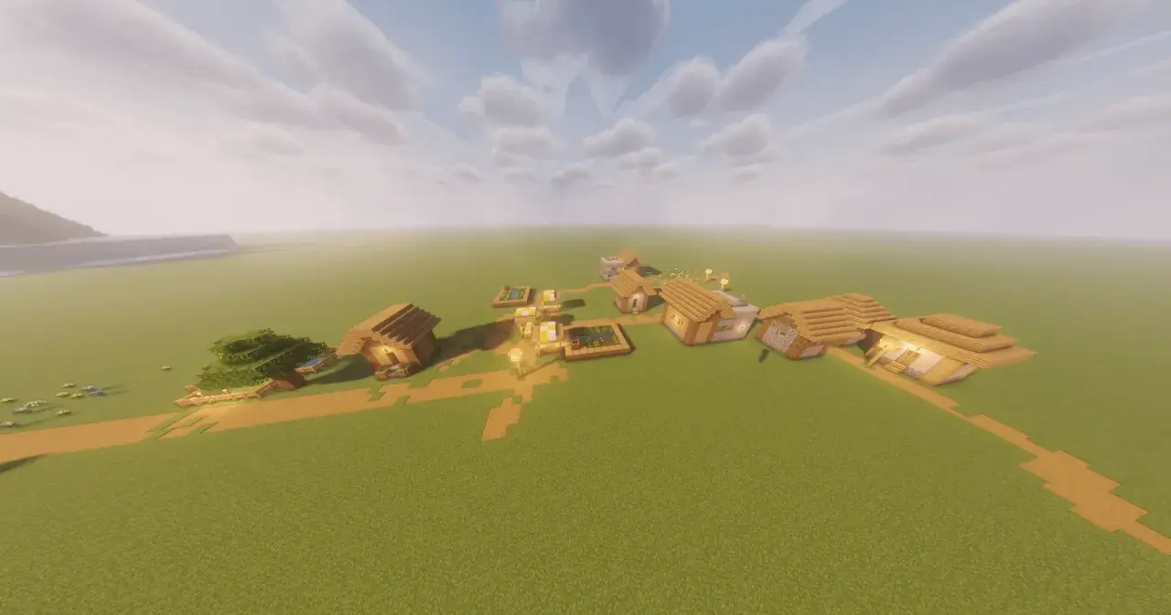 Wioska w Minecraft z drewnianymi domkami i polami uprawnymi. W tle widać wzgórza i wodę. To wszystko dzięki modowi ferrite core.