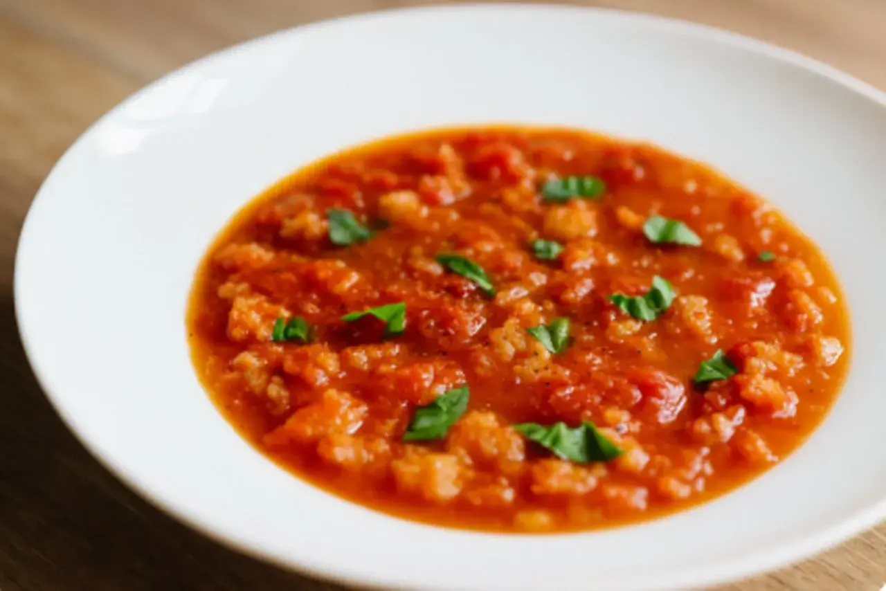 Toskanische Brot-Tomaten-Suppe mit Basilikum in einer weißen Schüssel.