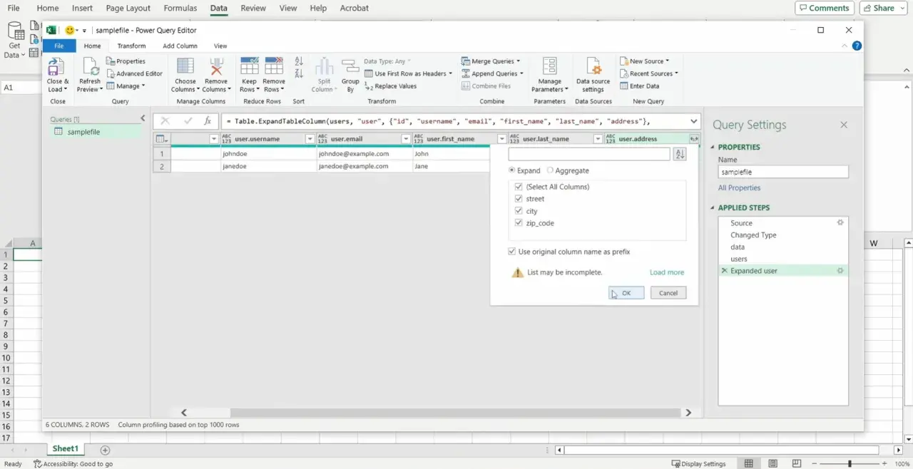 Interfaccia di Power Query Editor in Excel, che mostra la trasformazione di dati da XML a Excel, con espansione di colonne utente.