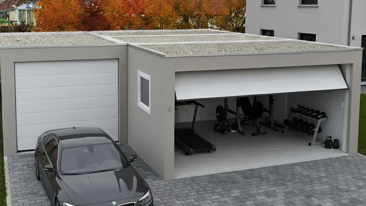 Moderne Garage mit Fitnessgeräten und Hanteln. Tolle garage gestalten ideen für Ihr Zuhause.
