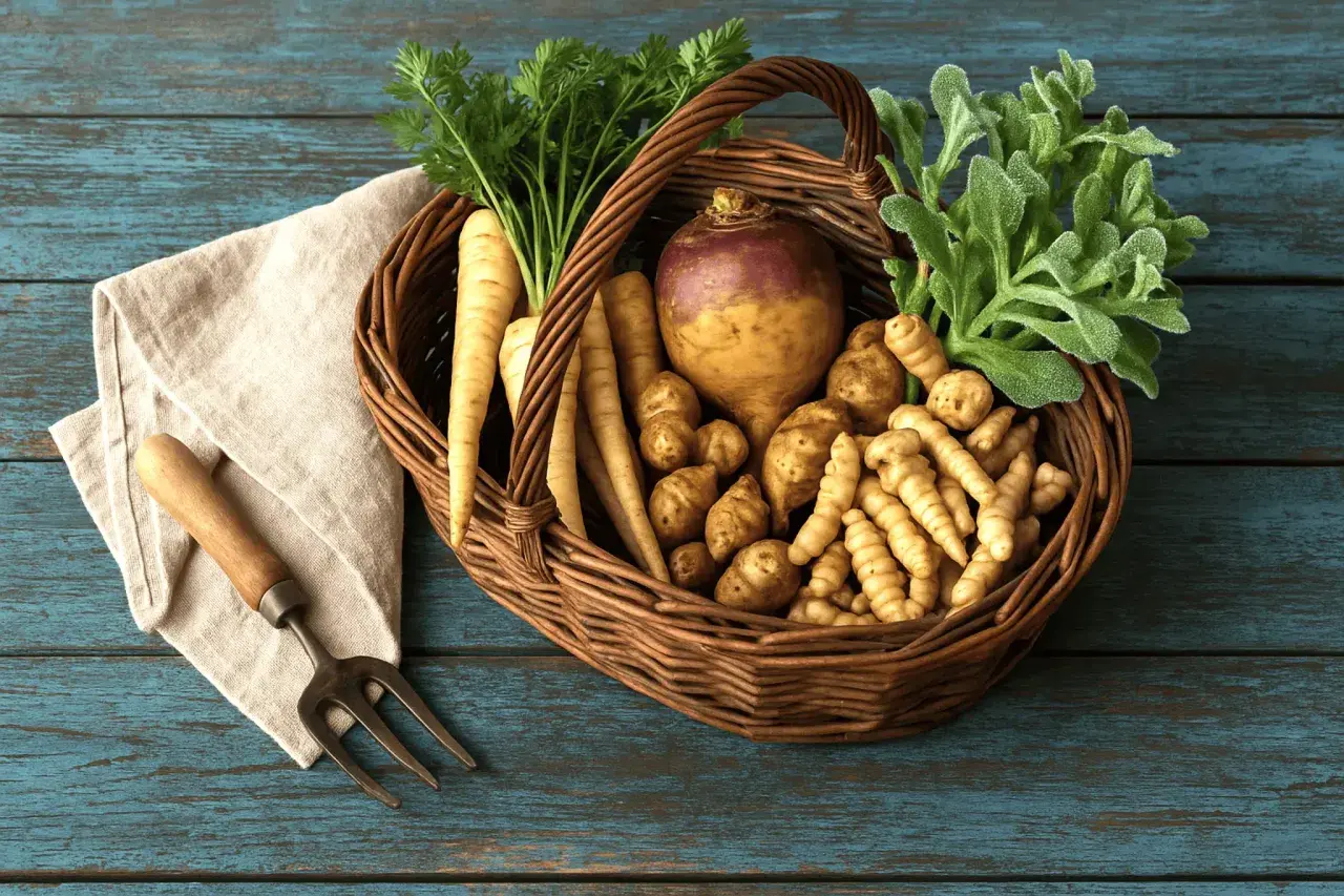 Panier rempli de légumes racines, dont des panais, des topinambours et un rutabaga, rappelant les légumes rares oubliés. Une fourche à main repose sur une serviette à côté.