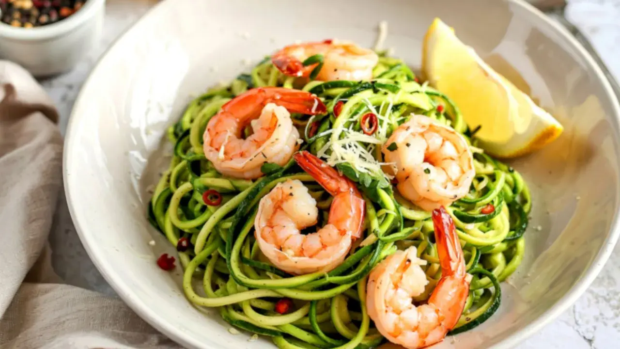 Deliciosos espaguetis de calabacín con gambas, perfectos para cenas saludables y ligeras. Un toque de limón realza su frescura.