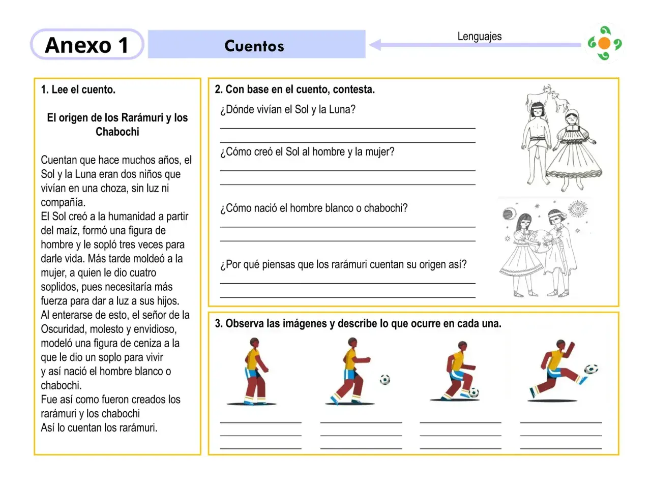 Actividad de comprensión lectora 4 primaria para imprimir. El Anexo 1 presenta un cuento sobre el origen de los Rarámuri y Chabochi.