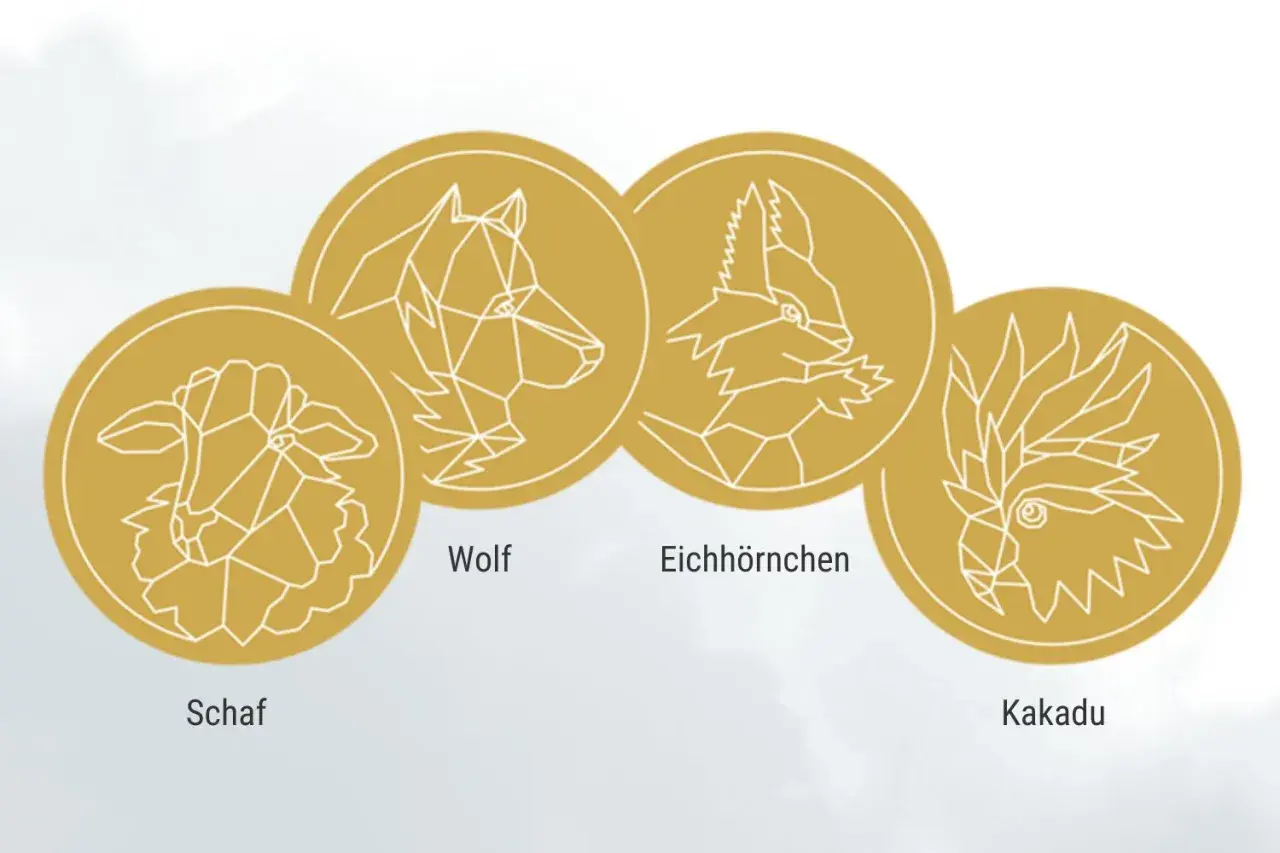 Vier goldene Münzen mit stilisierten Tierköpfen: Schaf, Wolf, Eichhörnchen und Kakadu. Ein visueller Hinweis für mein Charaktertest.