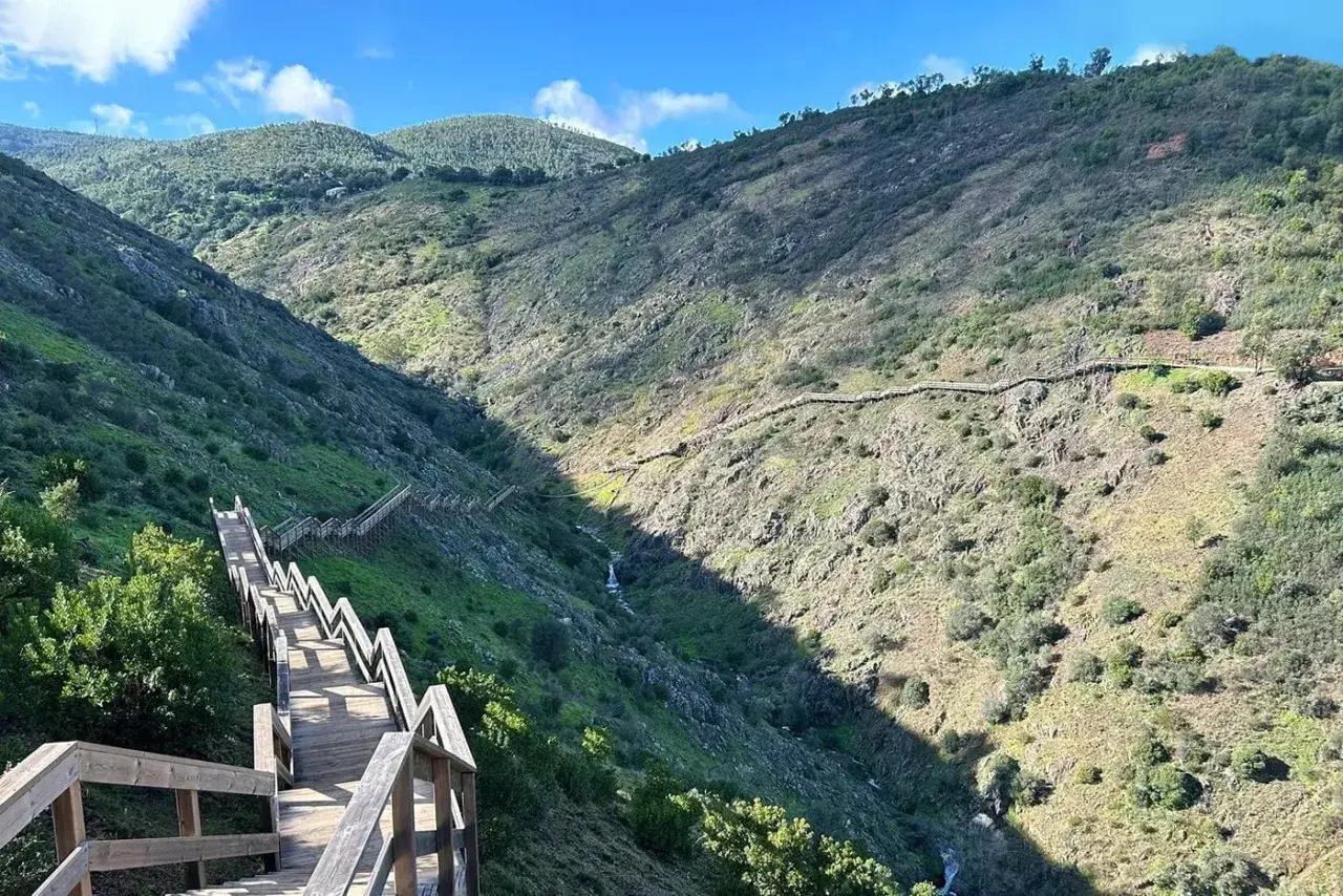 Senderismo Algarve: escaleras de madera descienden por un barranco verde y rocoso, con un sendero serpenteante en la ladera opuesta.