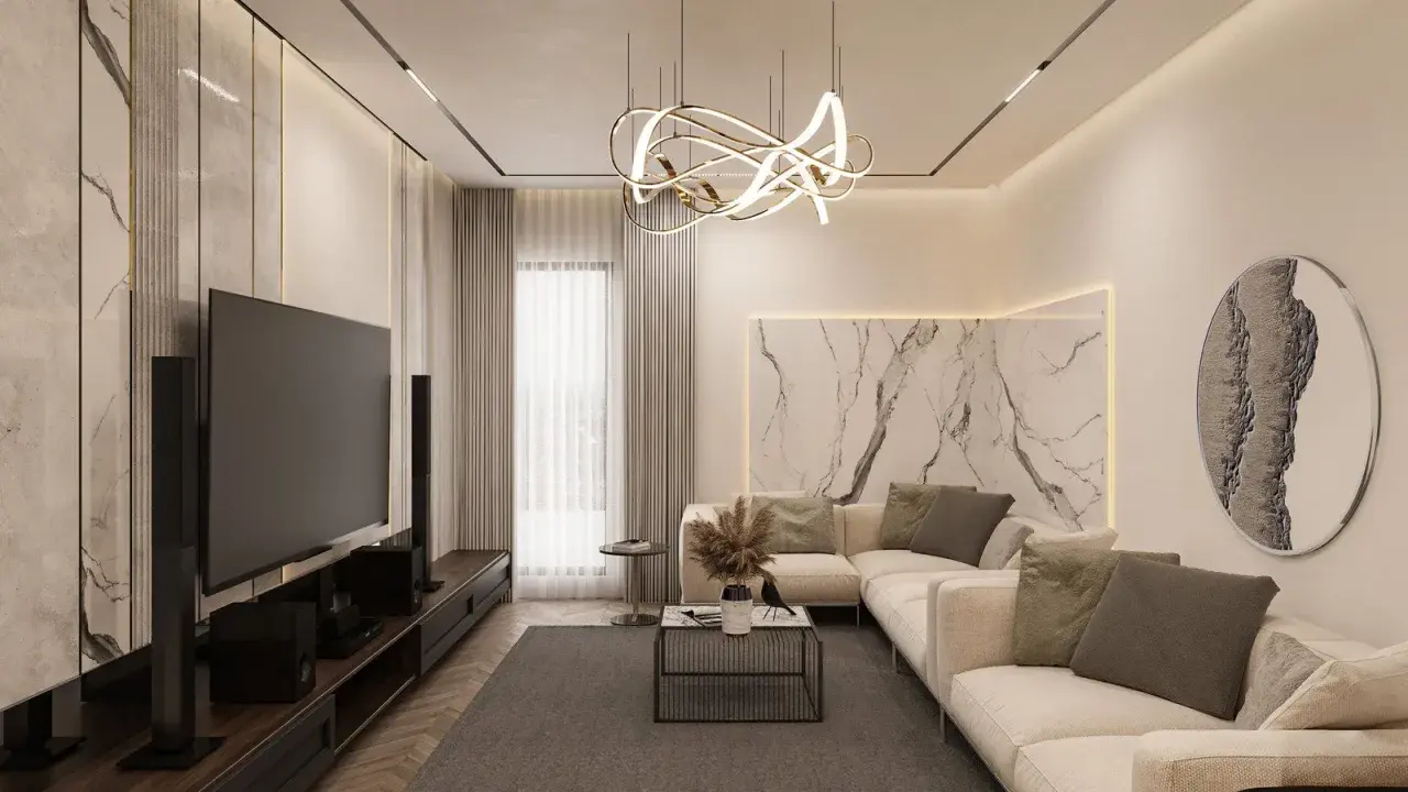 Nowoczesne oświetlenie do salonu: designerska lampa wisząca, kinkiety i taśmy LED tworzą przytulną atmosferę.