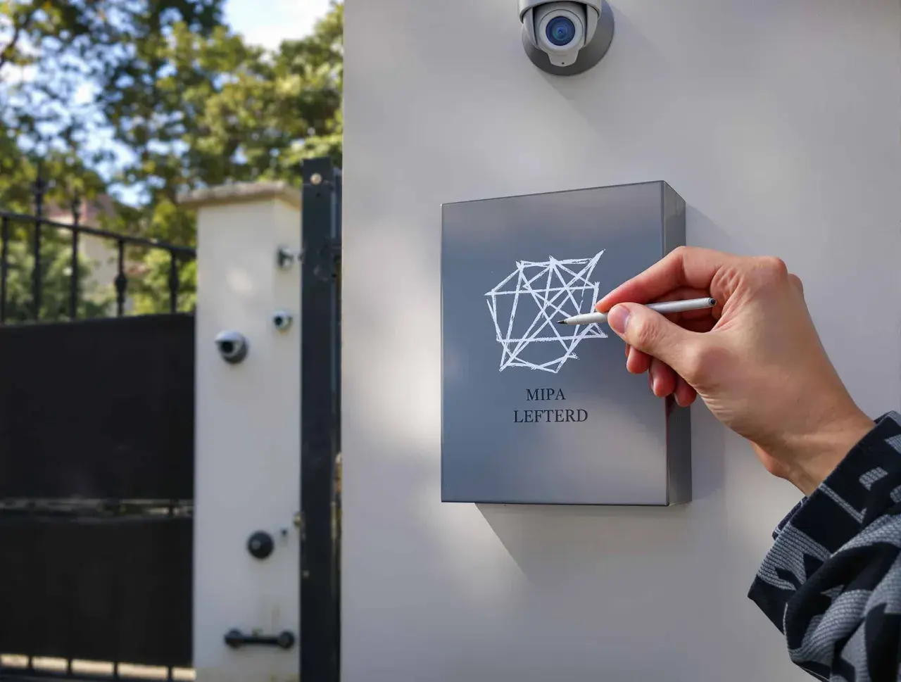 Main MIPA LEFTERD, une main trace un motif géométrique sur une plaque. Une caméra de surveillance est visible au-dessus, comme un marquage cambriolage discret.
