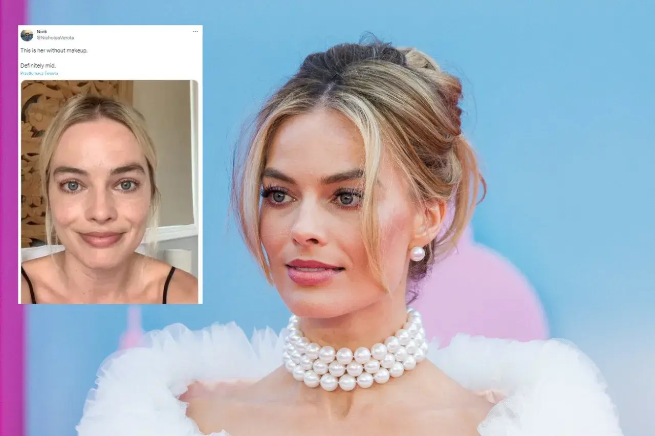 Margot Robbie bez makijażu na zdjęciu z Twittera, obok jej wizerunku z wydarzenia.