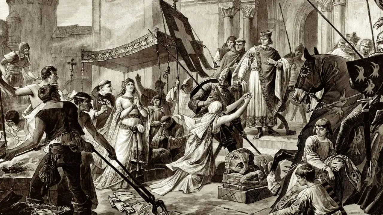 Szene eines geistlichen Gerichts im Mittelalter: König, Königin, Geistliche und Ritter versammeln sich vor einer Kathedrale.