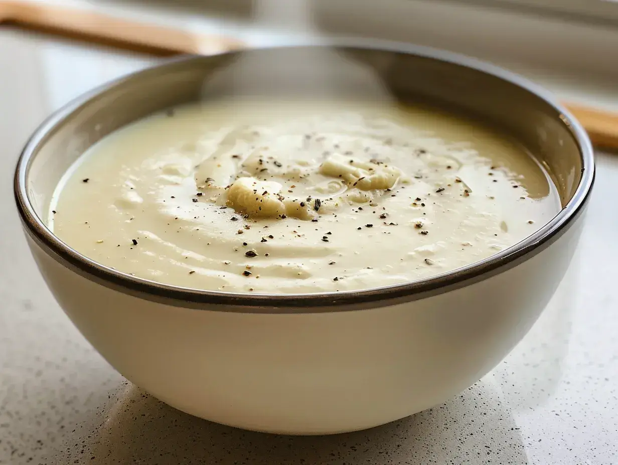 Krämig blomkålssoppa, perfekt för ett mysigt blomkålssoppa recept. Toppad med peppar och små blomkålsbitar.