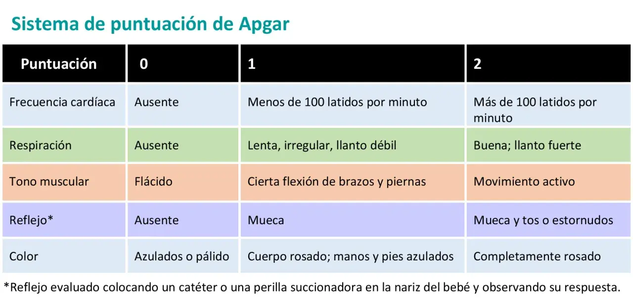 Tabla del test de Apgar: evalúa frecuencia cardíaca, respiración, tono muscular, reflejos y color del bebé.