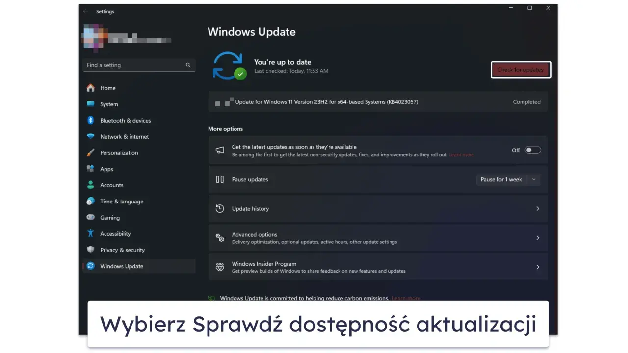 Ekran Ustawień Windows 11, sekcja Windows Update. Widoczna informacja o ostatniej aktualizacji i opcje zarządzania aktualizacjami.